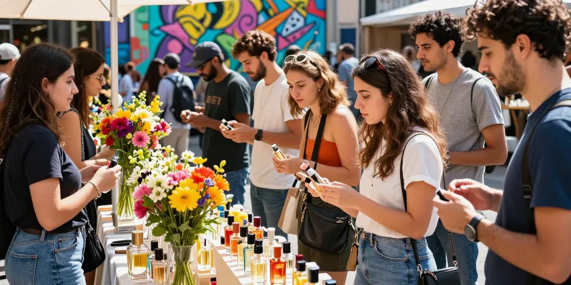 A young woman exploring unisex perfumes at a colourful urban market, engaging with diverse vendors and beautiful displays.