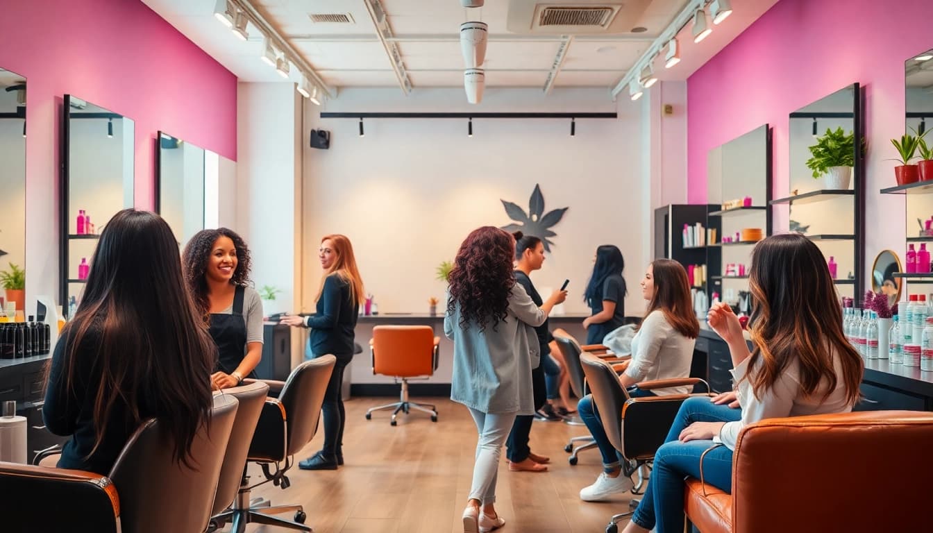 Best hair salons near me showcasing vibrant salon interior with happy stylists and diverse clients.