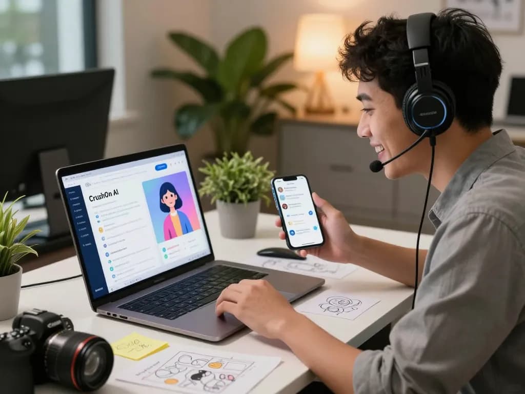 Engaging crush on ai chat in a modern tech workspace with AI character interaction.