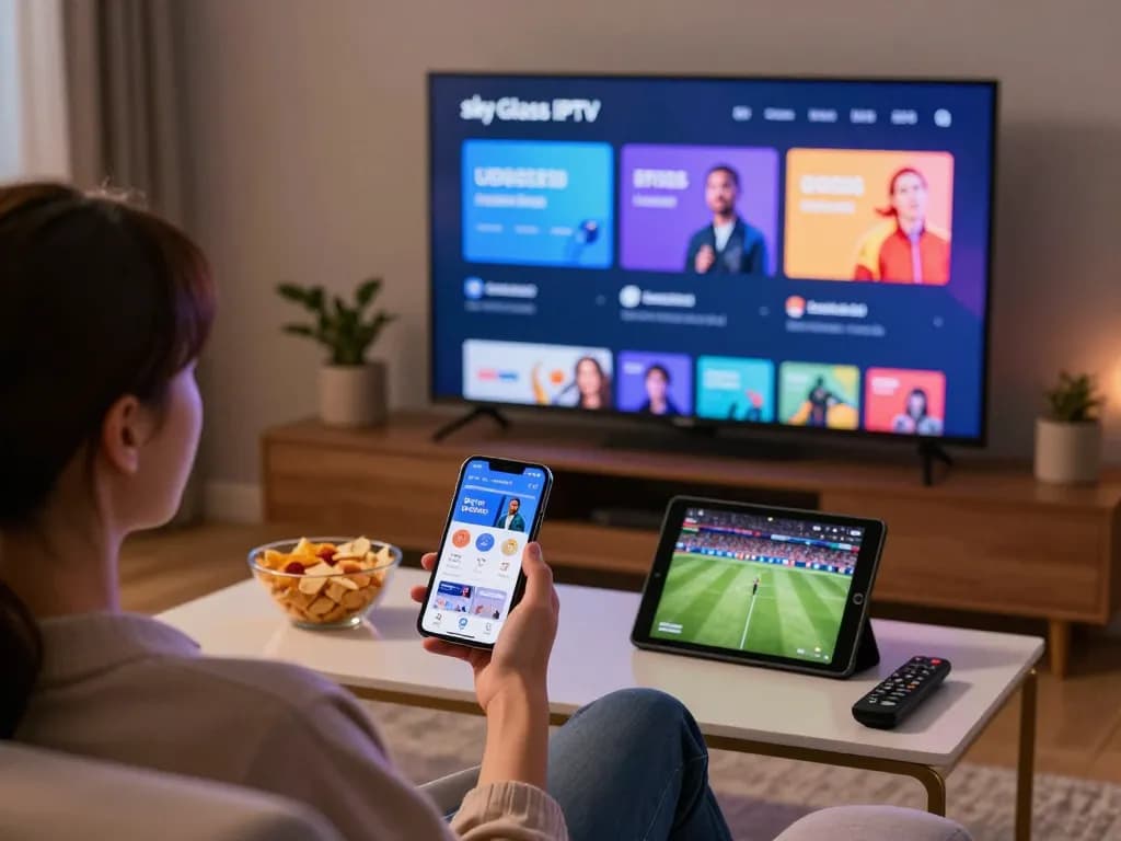 Sky Glass IPTV Updated APP 2026 interface displayed on TV during a cozy streaming night with snacks.