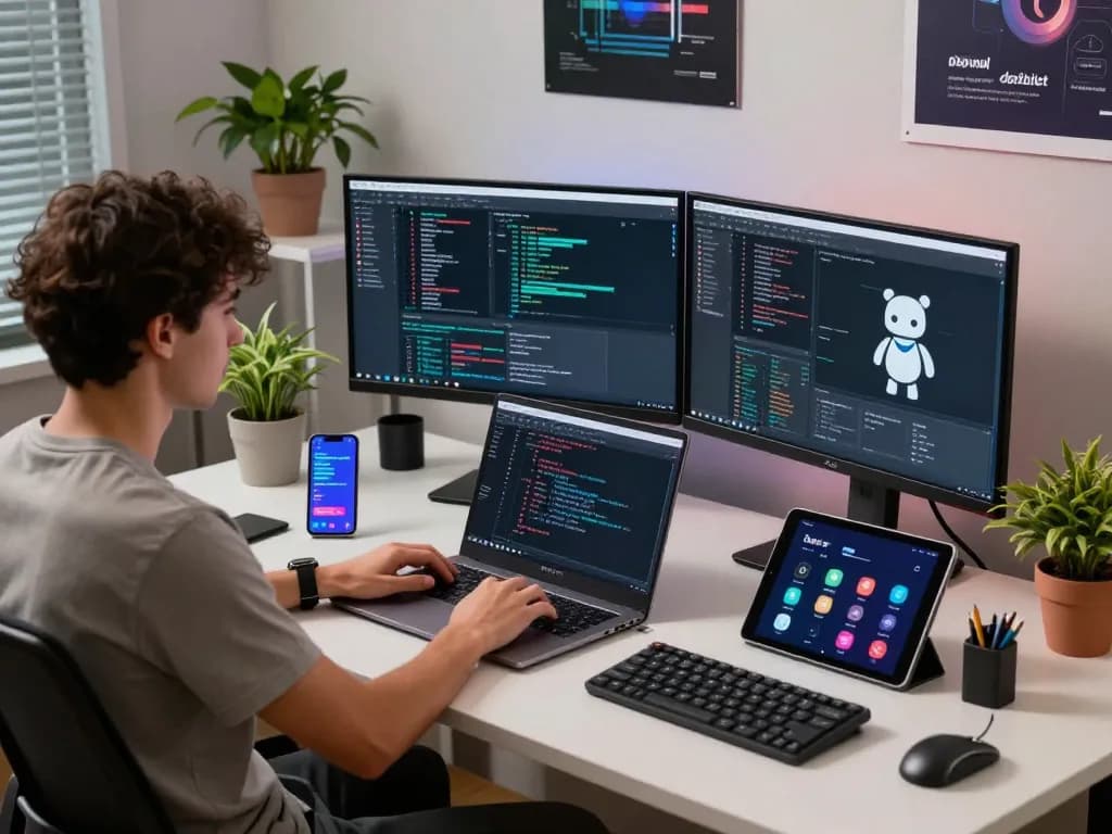 Creative workspace featuring developer using clawdbot for task automation and coding.