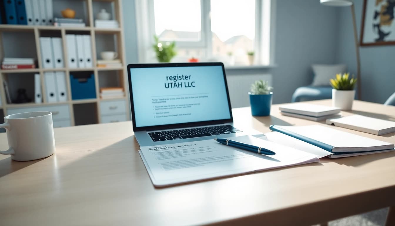 Register Utah LLC: a bright, organized home office with a laptop displaying a registration form.