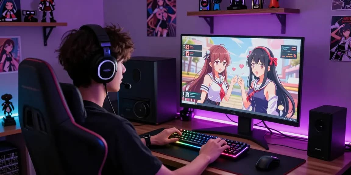 AI chat hentai interaction on a vibrant gaming setup, user engaging with animated characters.