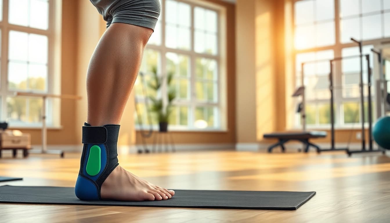 Ankle brace to prevent dorsiflexion demonstrated on a person engaging in physical therapy exercises in a fitness studio.