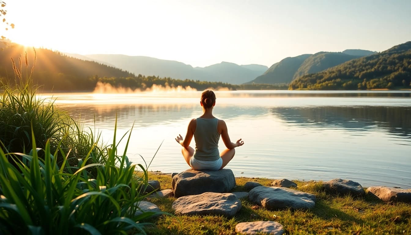 Meditating person promoting mental wellness by a tranquil lakeside at sunrise.