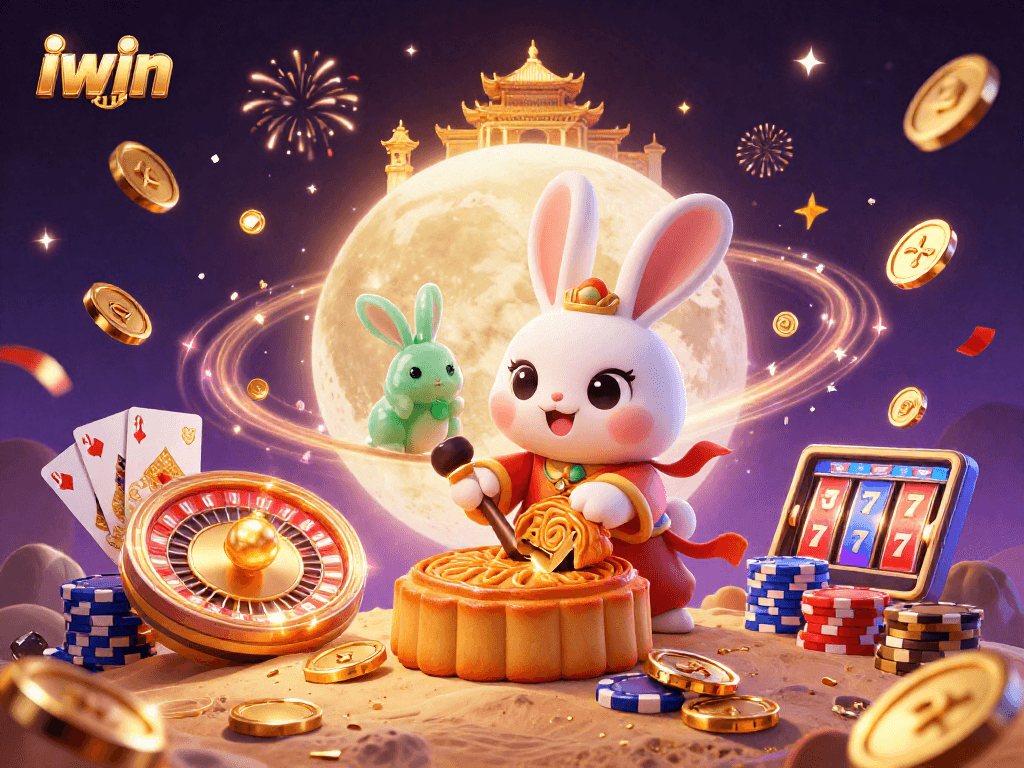 Experience the excitement of the iwin club with vibrant 3D casino elements featuring a moon rabbit and poker chips.