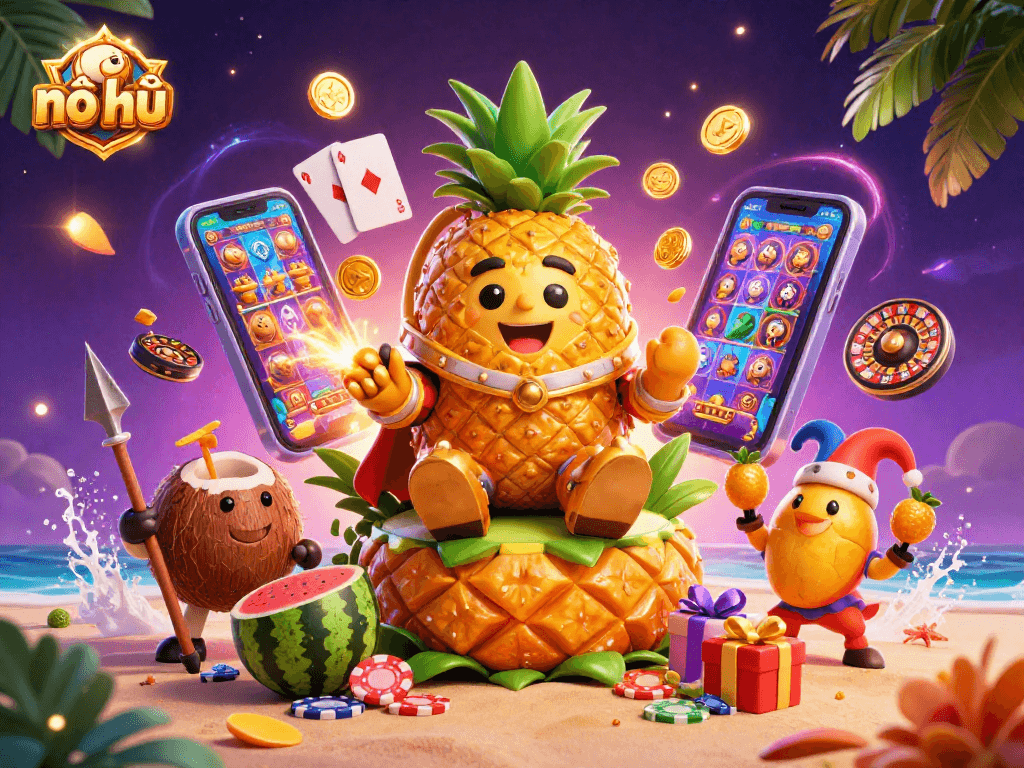 Spin the reels of nổ hũ with a vibrant 3D illustration featuring a pineapple king, casino elements, and joyful characters.