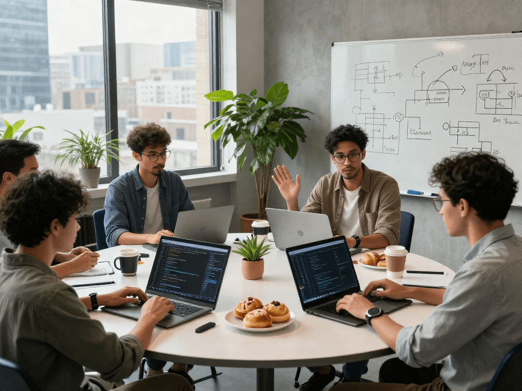 Team of engineers collaborating on AI solutions, showcasing innovative tech workspace with laptops and sketches, reflecting the ai slut concept.