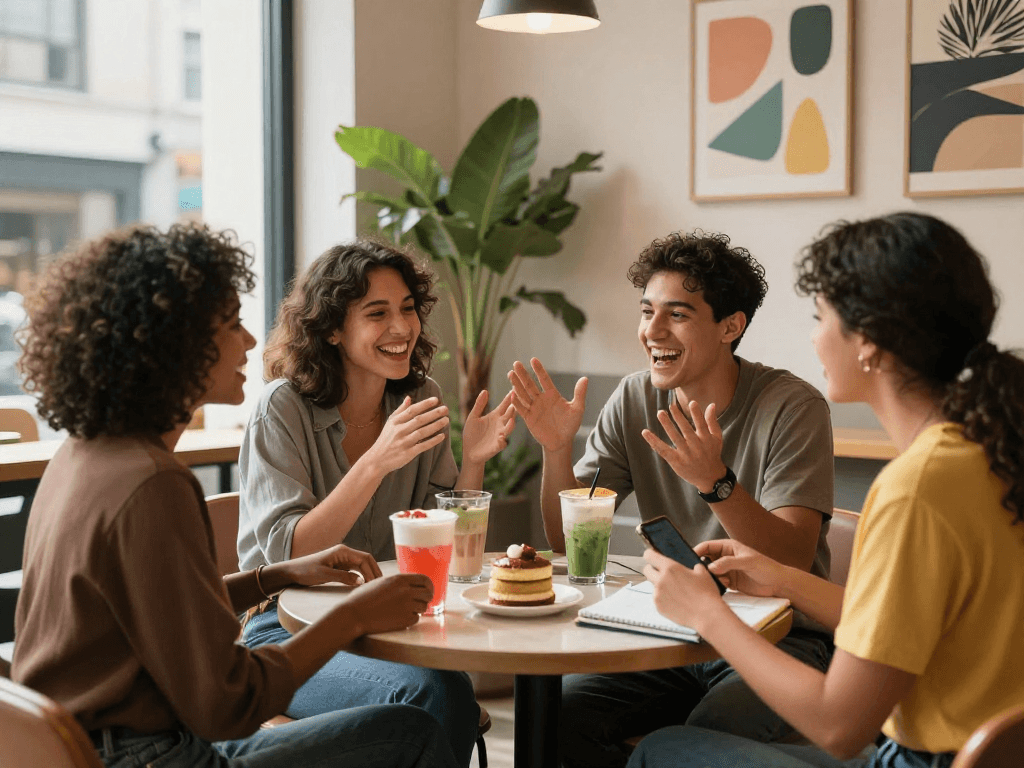 Spicychat moment with friends enjoying lively conversation in a vibrant café setting, highlighting social interaction and connection.