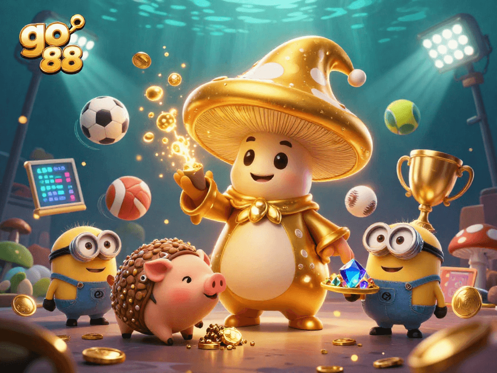 Engage with go 88's thrilling 3D casino world featuring golden elements and dynamic sports actions.