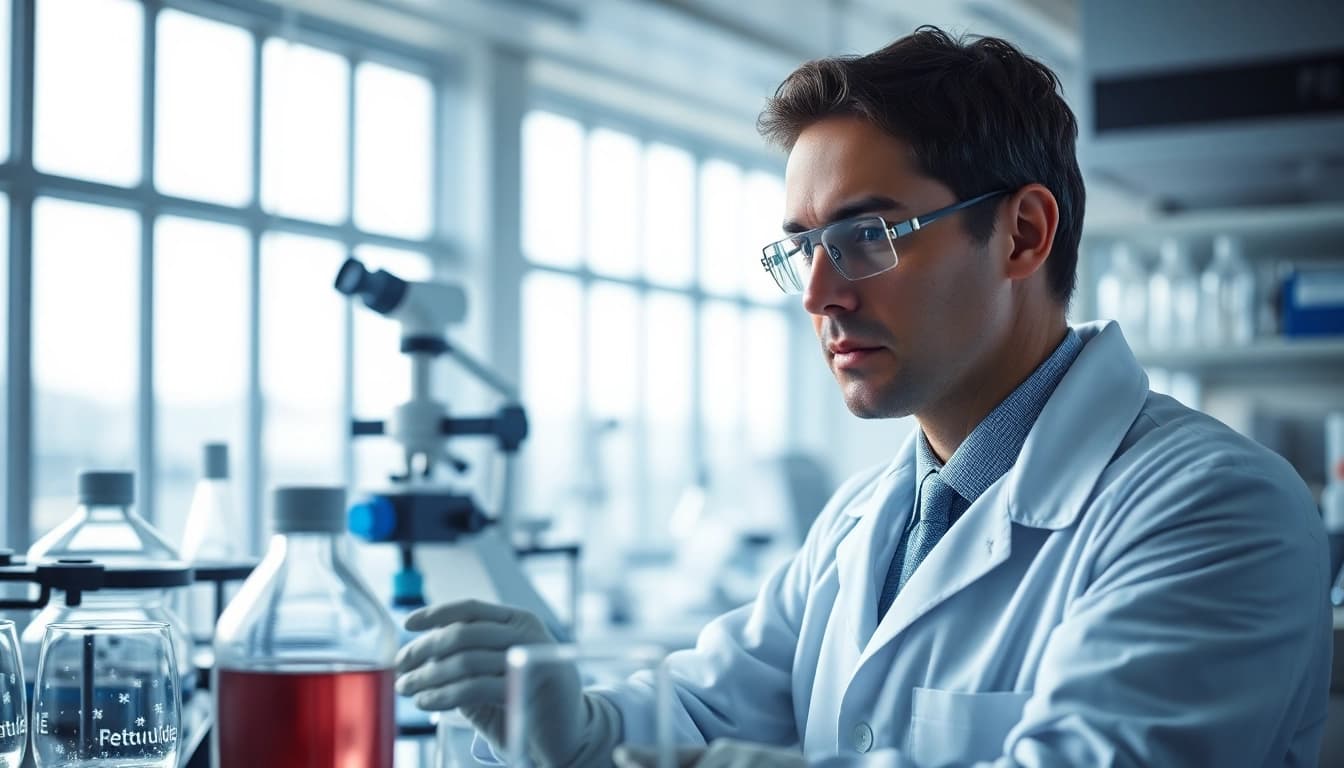 Researcher examining Retatrutide samples in a sophisticated laboratory setting.