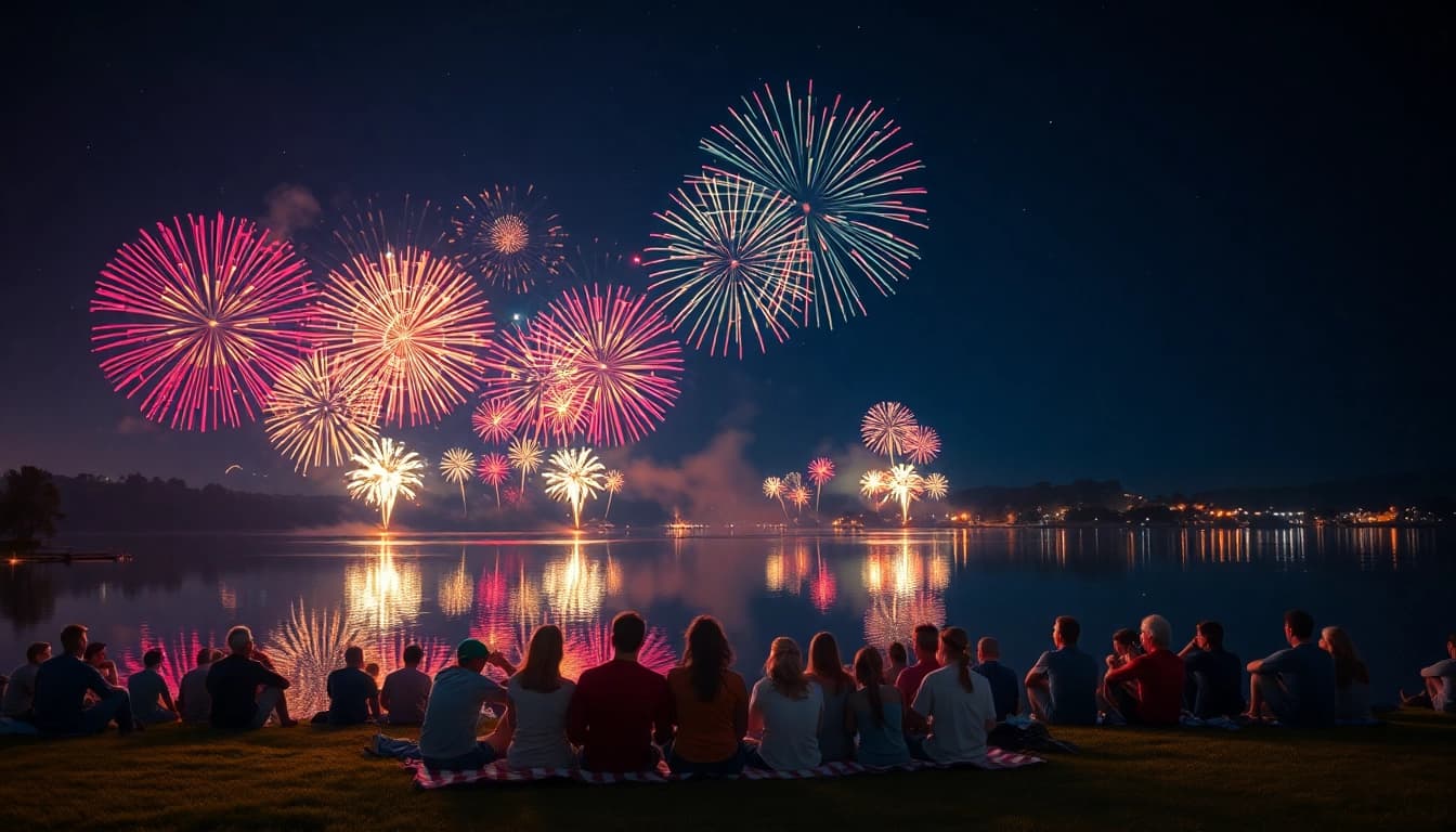 Experience thrilling cheap fireworks near me lighting up the night sky over a joyful gathering.