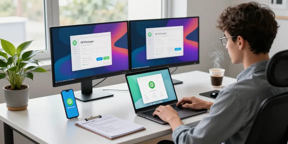Person downloading the GB WhatsApp app in a modern tech workspace
