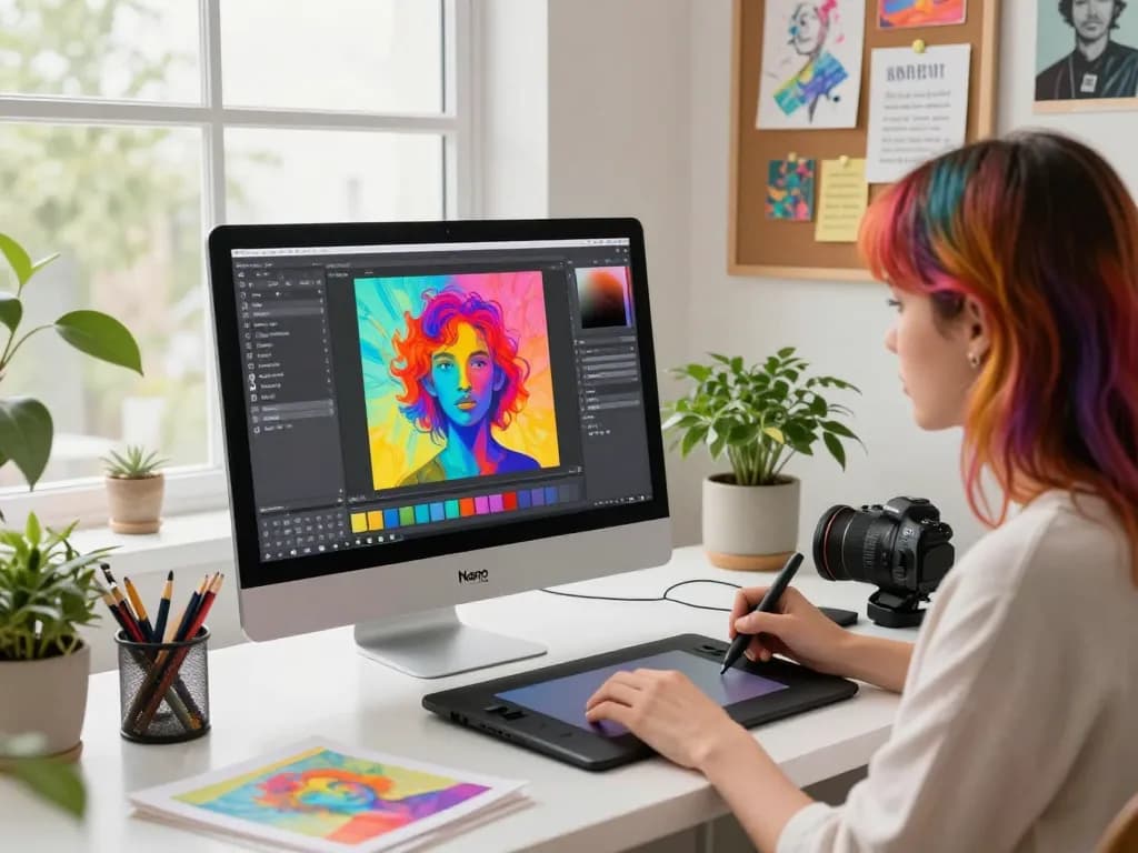 Digital artist using nano banana AI for creative image editing in an inspiring workspace.