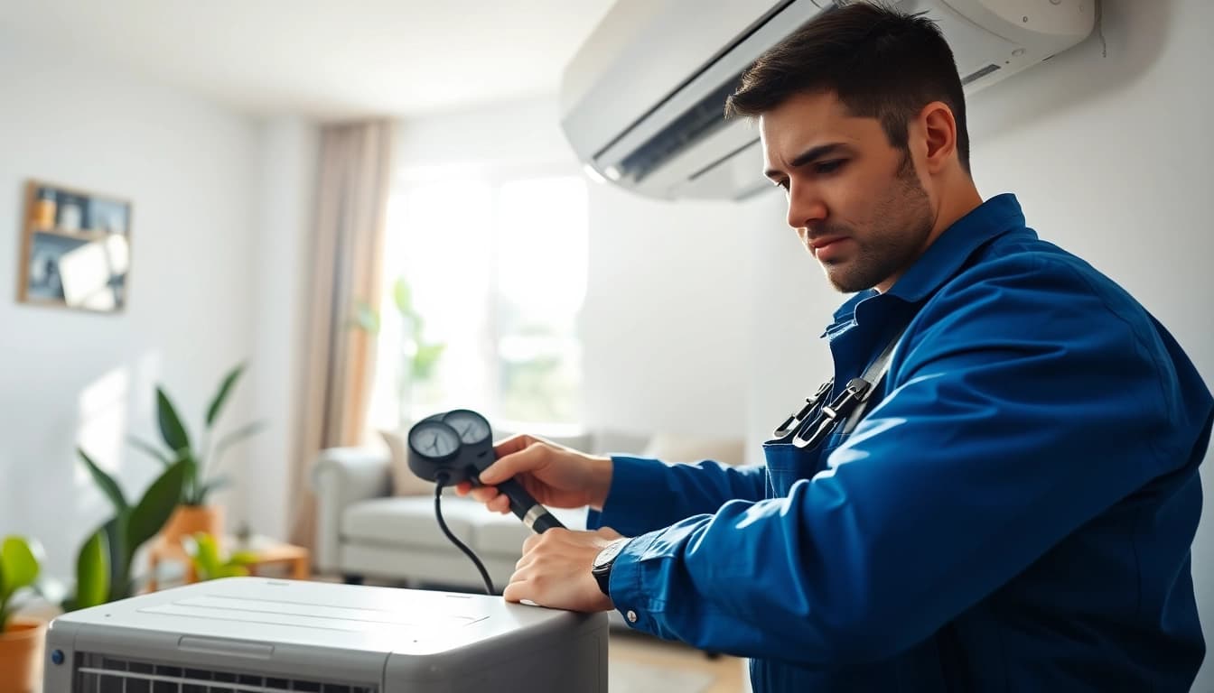 Expert AC Repair Tampa technician servicing a modern air conditioning unit in a bright living room.