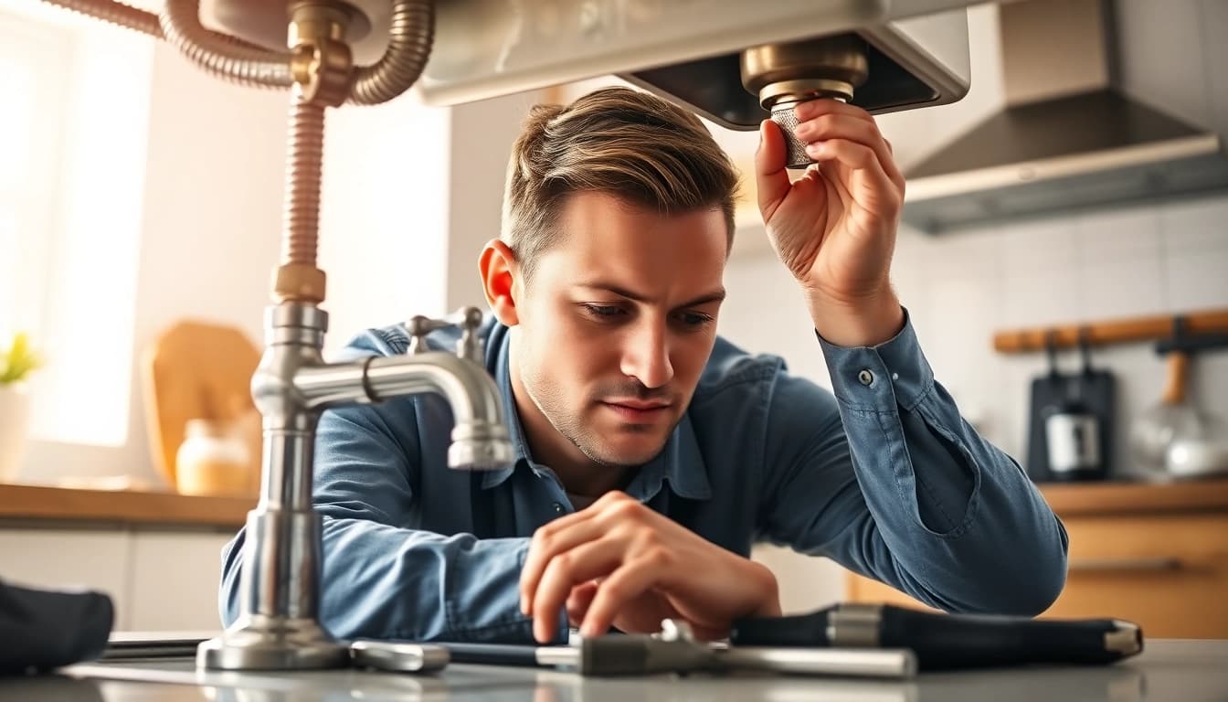 Skilled plumber fixing a leak under a sink, illustrating Plumber near me for home services.