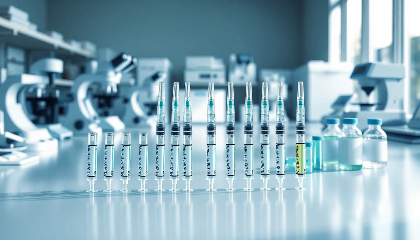 Discover peptides UK through detailed laboratory arrangements of vials and syringes, showcasing a professional setting.