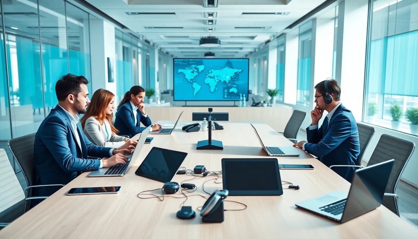Showcasing business phone providers enhancing teamwork in a modern office environment.