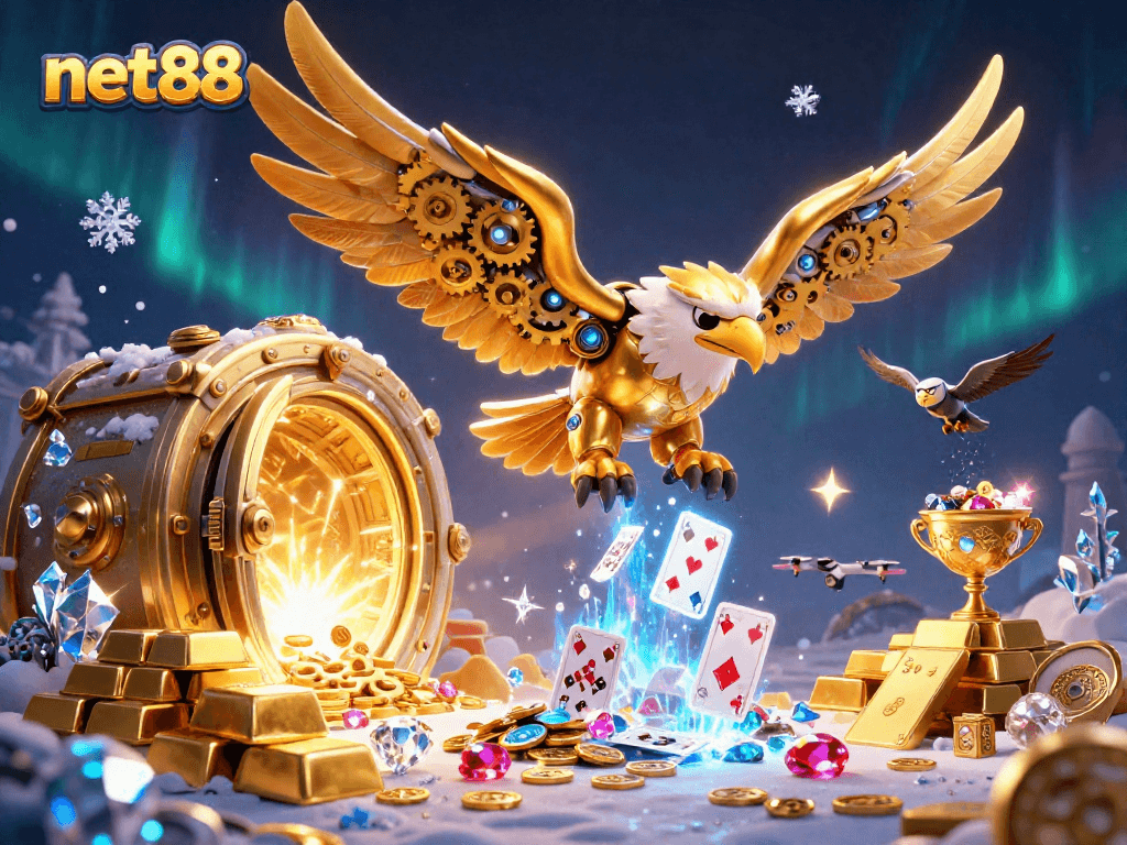 Experience thrilling wins with net88's dynamic 3D casino illustration showcasing exciting game elements.