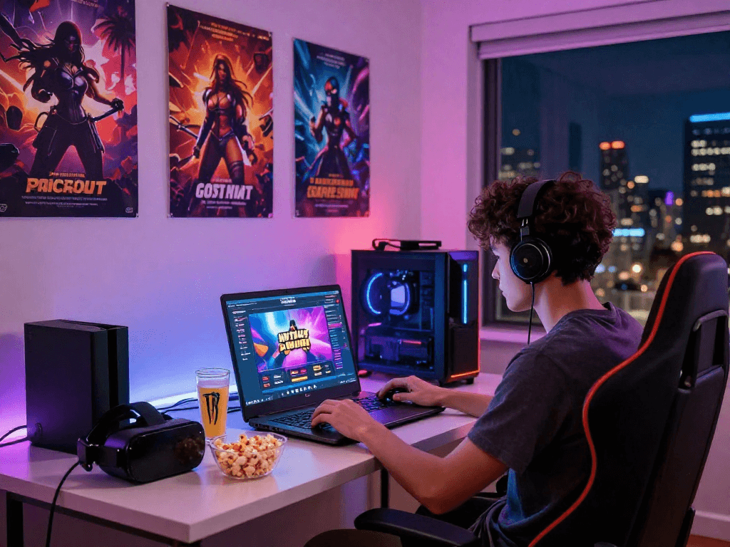 Playing HTML5 porn games in a vibrant gaming setup with neon lights.