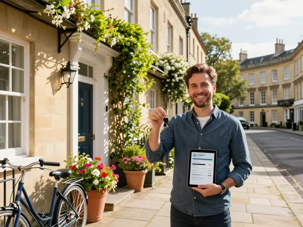 Airbnb management bath scene featuring a welcoming host outside a charming Georgian home in Bath.