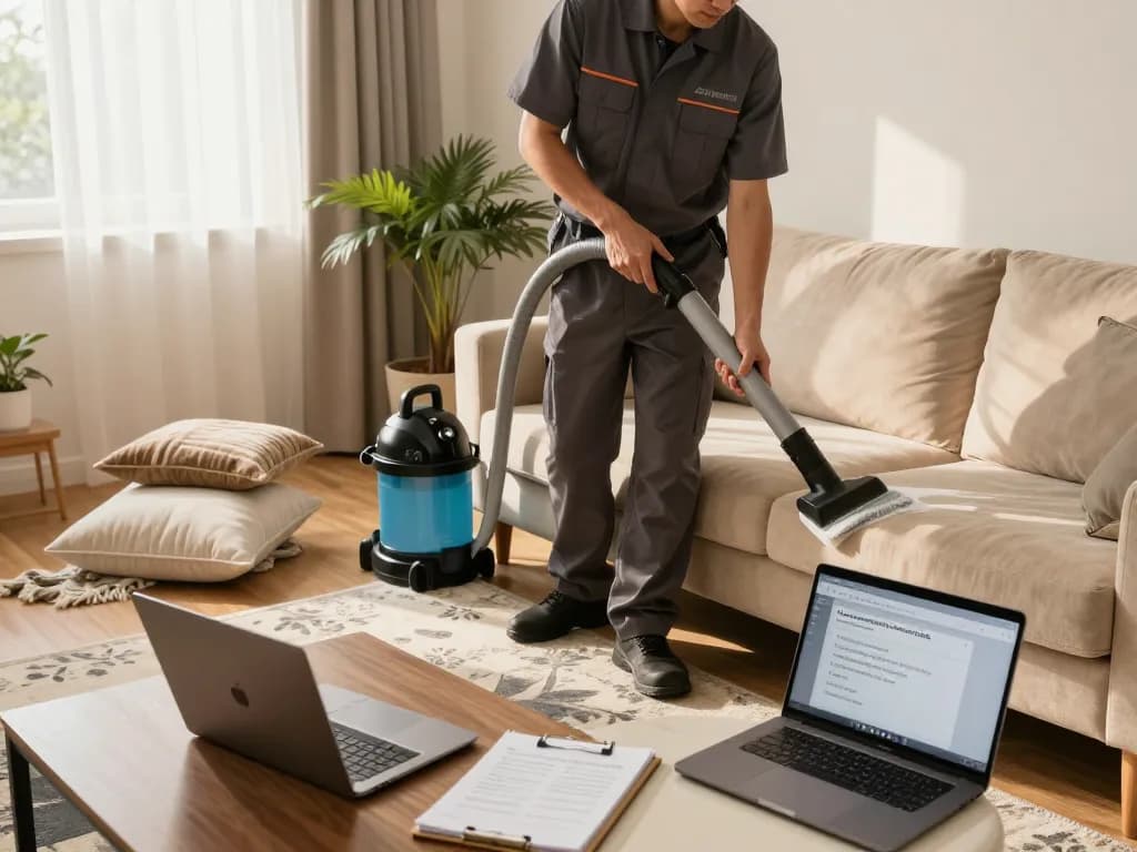 Upholstery cleaner using steam extraction in a cozy home setting, showcasing expert Housing & tenancy advice sites services.