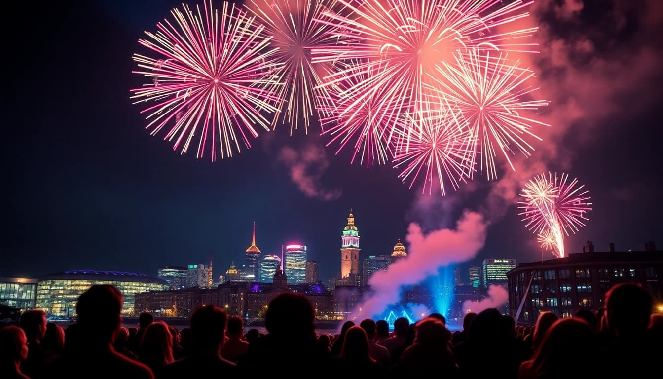 Buy fireworks Manchester at a breathtaking night skyline filled with colorful fireworks.