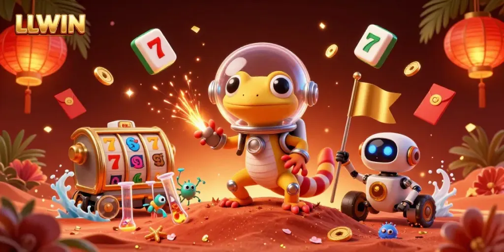 LLWIN's vibrant casino experience illustrated with a Martian gecko and dynamic gaming elements.