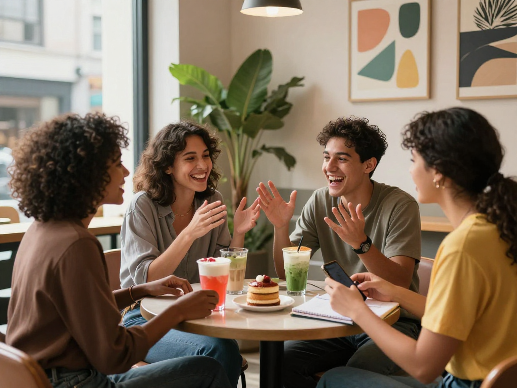 Spicychat moment with friends enjoying lively conversation in a vibrant café setting, highlighting social interaction and connection.