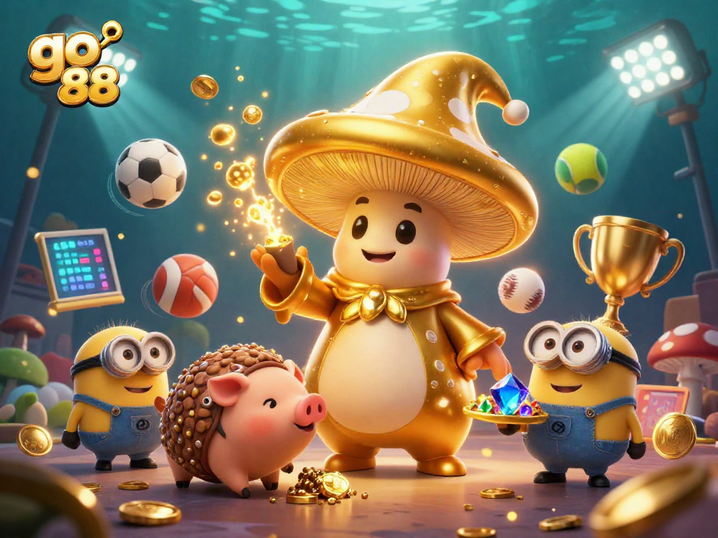 Engage with go 88's thrilling 3D casino world featuring golden elements and dynamic sports actions.