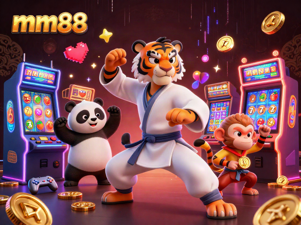 Play exciting slots at mm88 with a kung fu master, panda, and a monkey stealing medals.