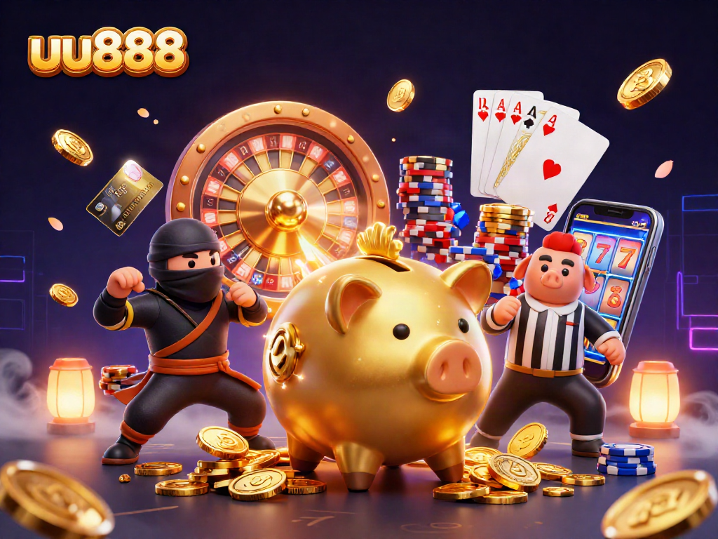 uu888 captures the excitement of a casino showdown with a piggy bank sumo wrestler and vibrant gaming elements.