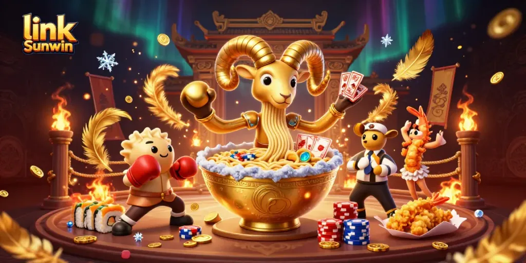 Experience excitement with link Sunwin featuring a golden ramen bowl in a lively casino scene.