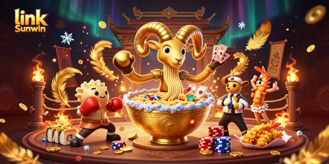 Experience excitement with link Sunwin featuring a golden ramen bowl in a lively casino scene.