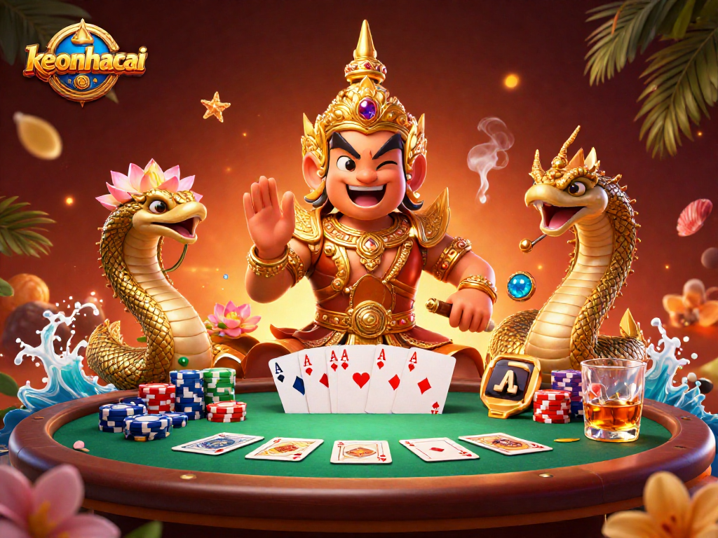 Engage in thrilling poker action with keonhacai, featuring colorful chips and dynamic casino elements.