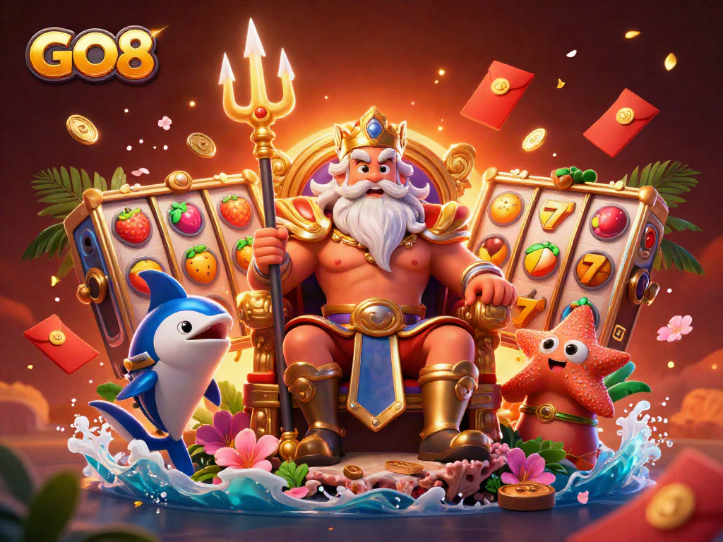 Experience the vibrant GO8 casino scene with Neptune, slot reels, and festive elements.