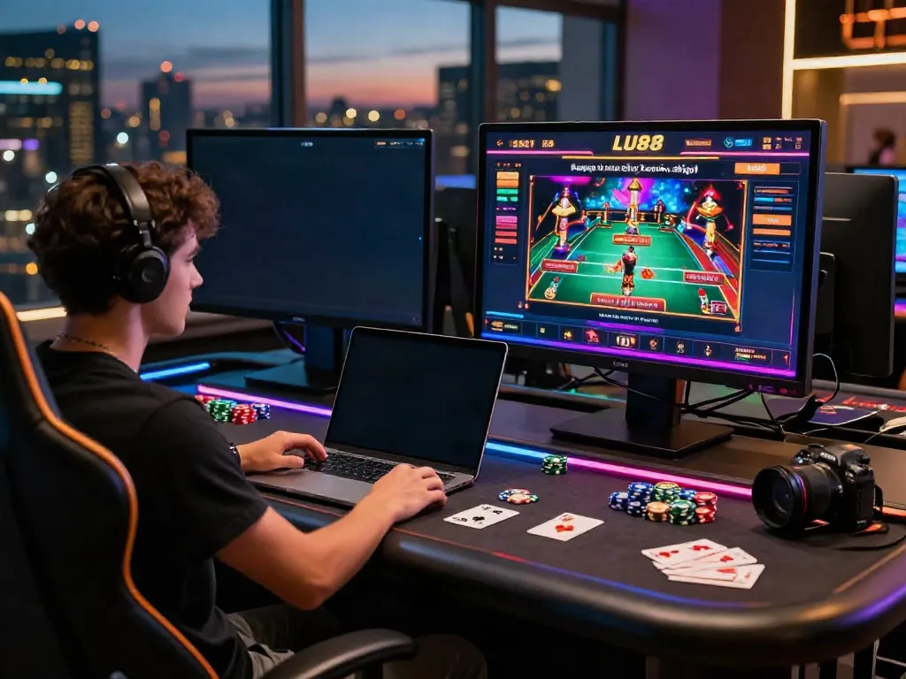 Engaging LU88 gaming experience with vibrant screens and city view.