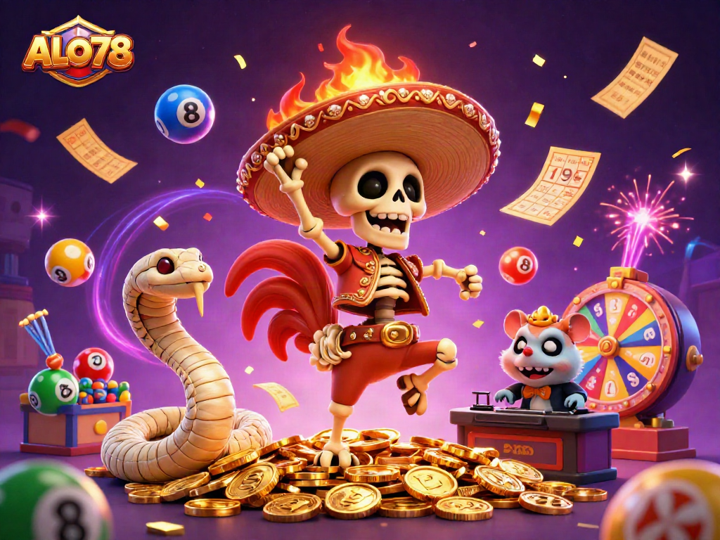 Celebrate with ALO78 in a vibrant lottery-themed 3D scene featuring colorful elements and festive characters.