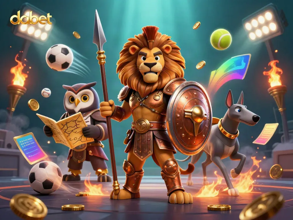 Dabet showcases dynamic sports betting with 3D characters in action, featuring a Spartan lion and tactical owl.