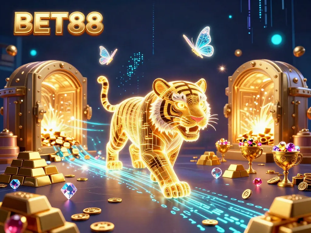 Experience the exciting world of BET88 with a vibrant 3D casino illustration showcasing a majestic golden tiger and treasures.