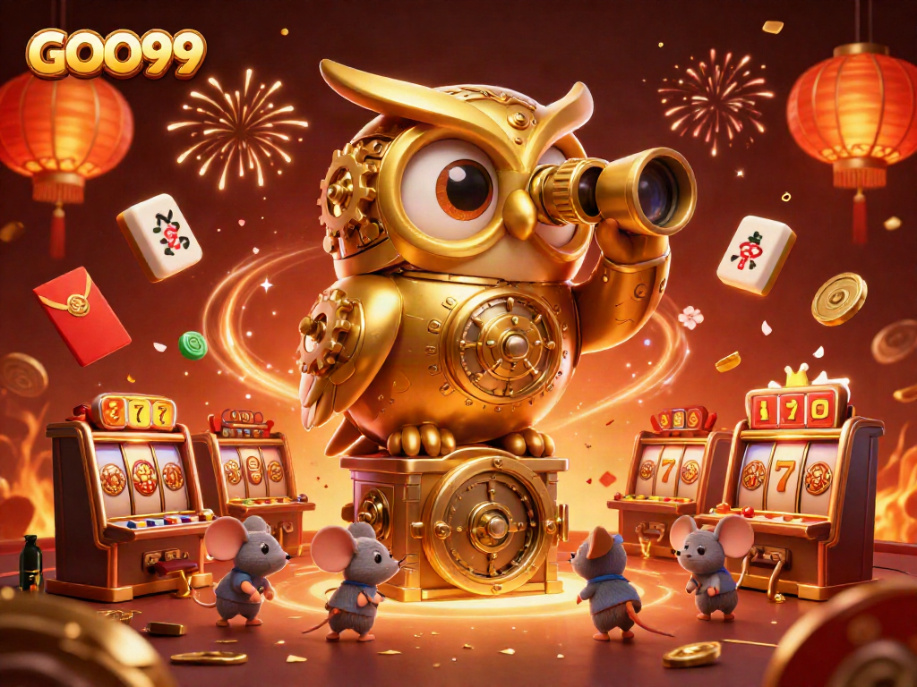 Engage with GOO99 as a golden owl surveys dynamic casino slots in this vibrant 3D scene.