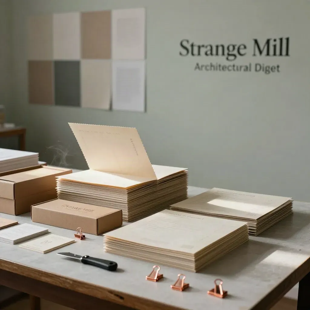 Victorian branding studio table with identity boards, boxes and copper tools in raking light