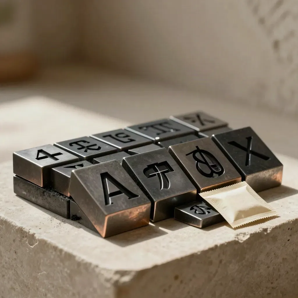 Logo type blocks and symbol tiles mid-sort on pale stone in warm studio light.