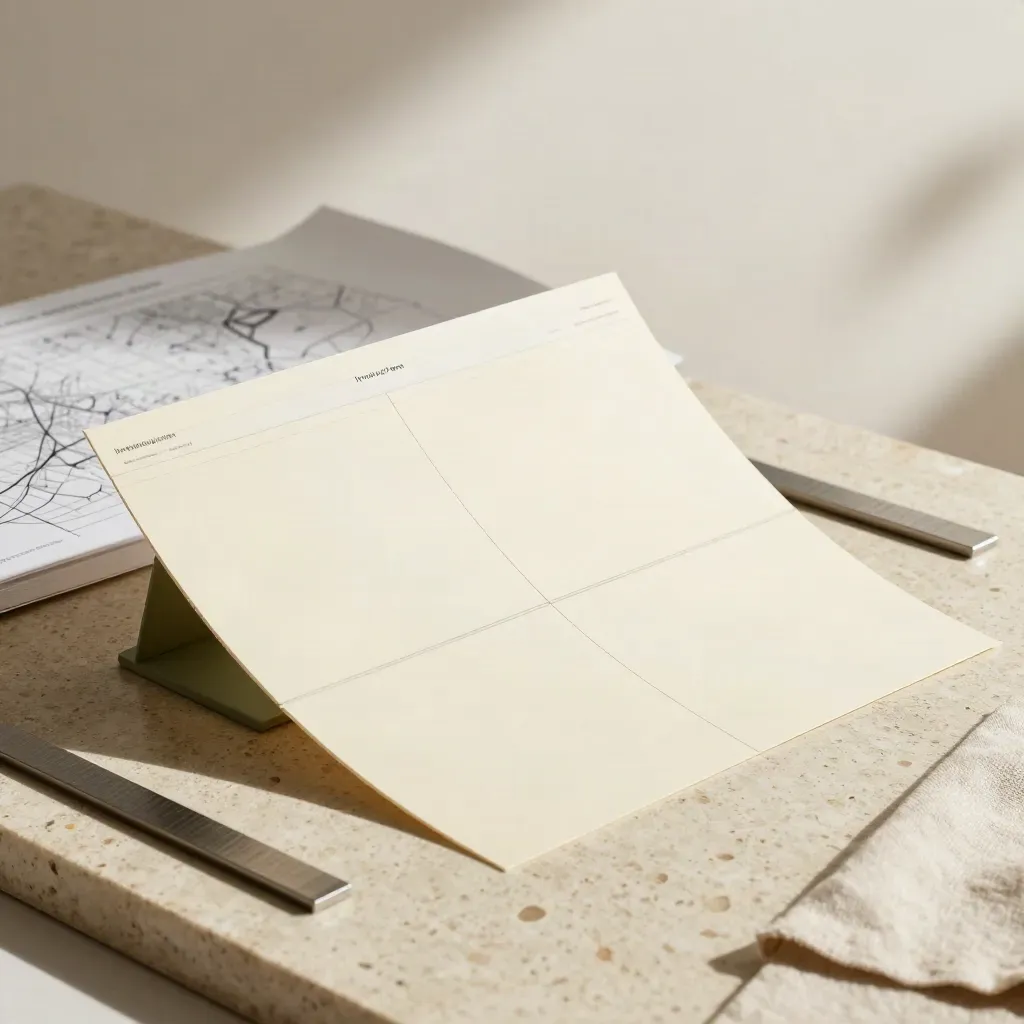 Website wireframe maquette with acrylic panels, folded page map and moss-green stand on travertine.