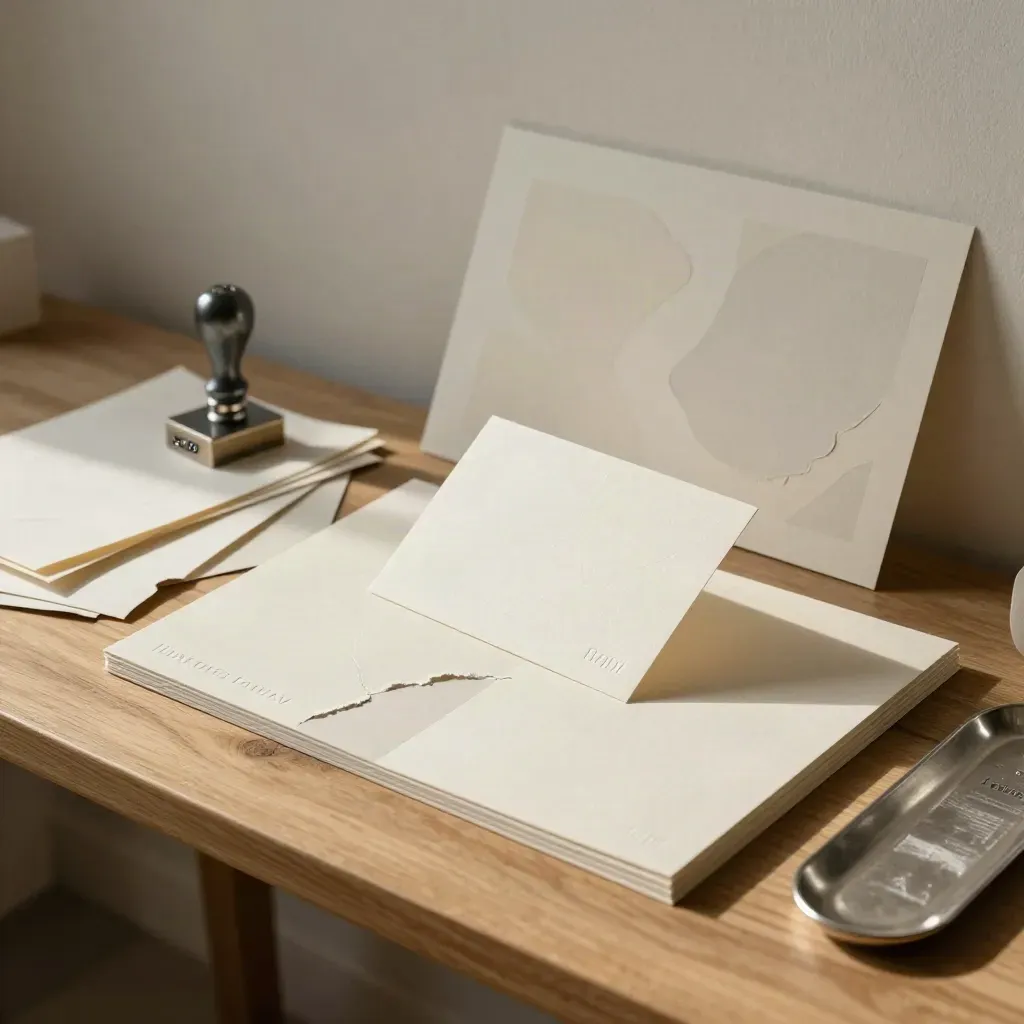 Identity cards, swatches, stamp and folded brand board on an oak table in daylight.