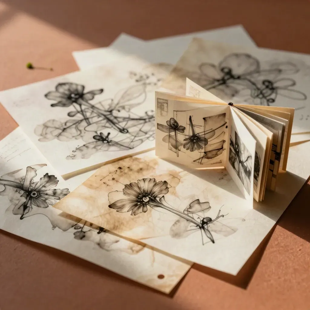Layered ink washes, acetate, tracing paper and a tiny flipbook on a terracotta surface.