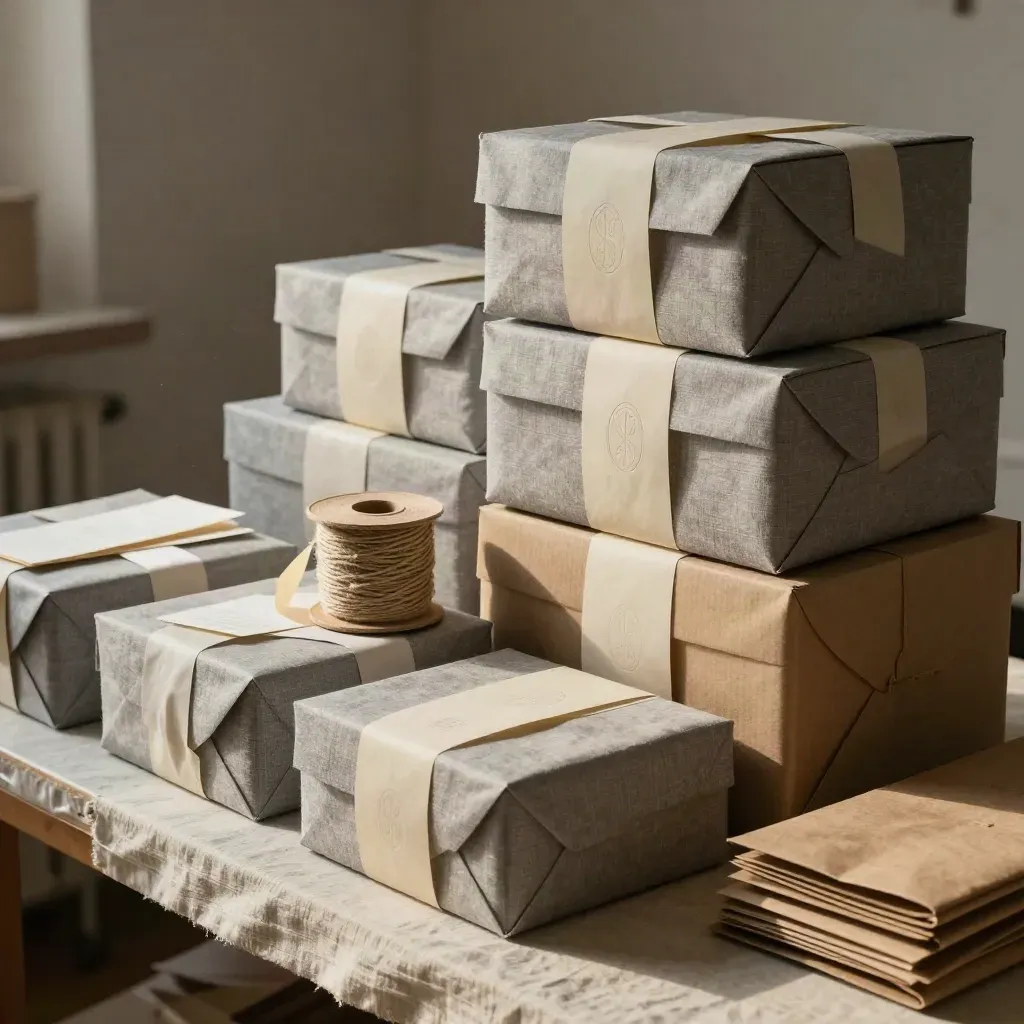 Stacked garment boxes, tissue, ribbon spools, and seals on a workshop packing bench.