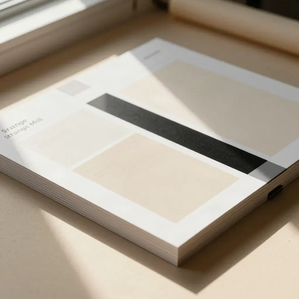 Finished website maquette with white cards, acrylic panels, and black dividers on a warm surface