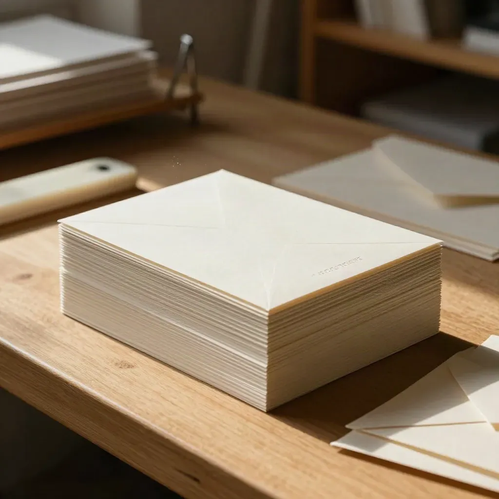Sunlit stack of matched print collateral on a warm finishing bench, one card slightly offset.