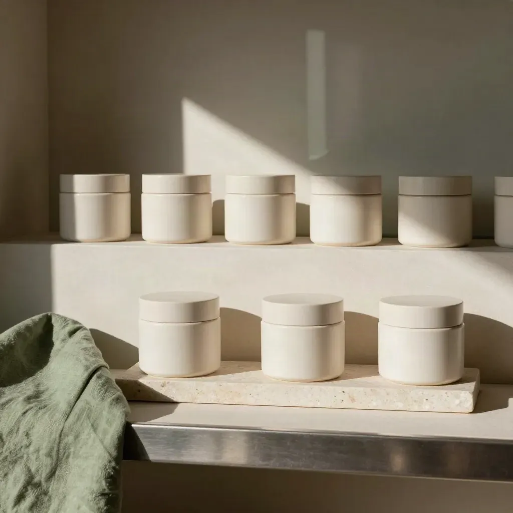 Pale skincare jars and cream cartons arranged on a stone tray in a bright retail nook.